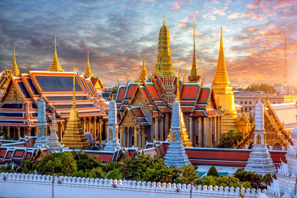 Grand palace and Wat phra keaw at sunset at Bangkok, Thailand