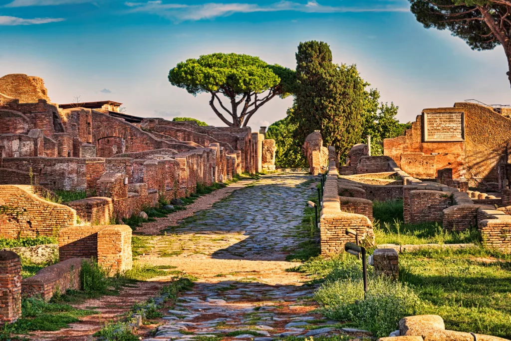 Archaeological Roman ruin street view in Ostia antica - Italy