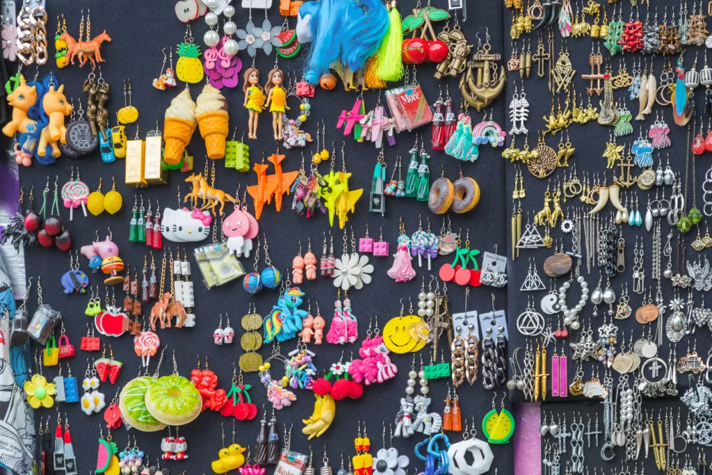 Quirky earrings displayed at Brick Lane market in London, England