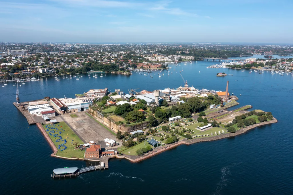 Aerial view of Cockatoo Island on the Parramatta river, Sydney, Australia.