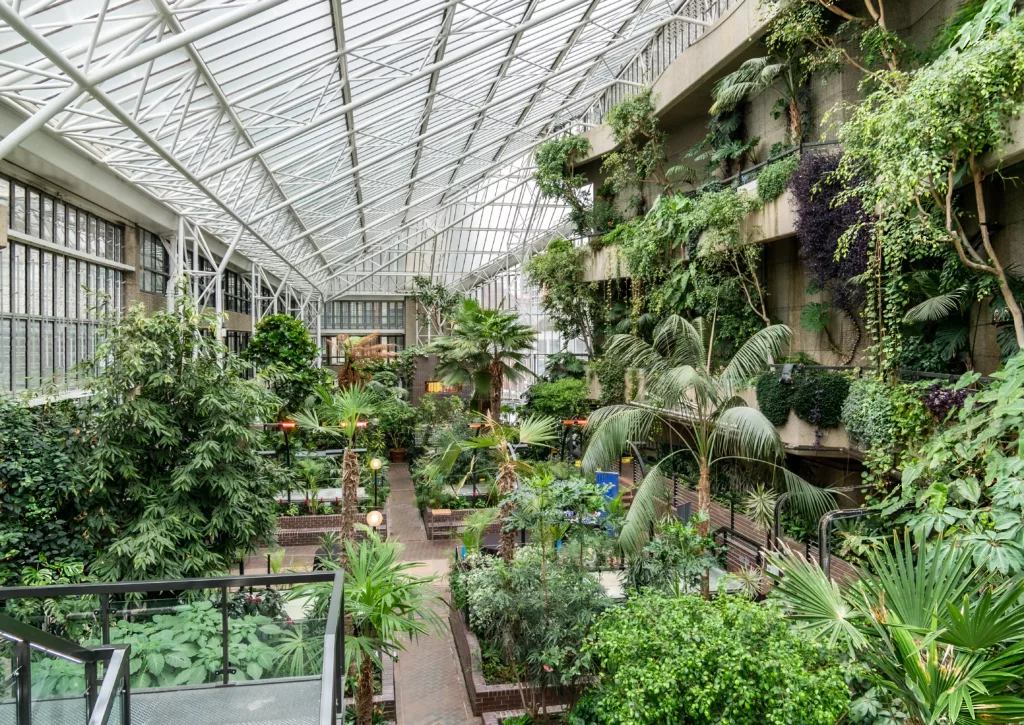 Beautiful greenhouse Conservatory garden insinde Barbican center, with green and fresh tropical plants in London, UK
