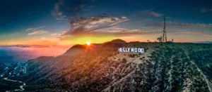 Los Angeles Hollywood sign with sun-burst
