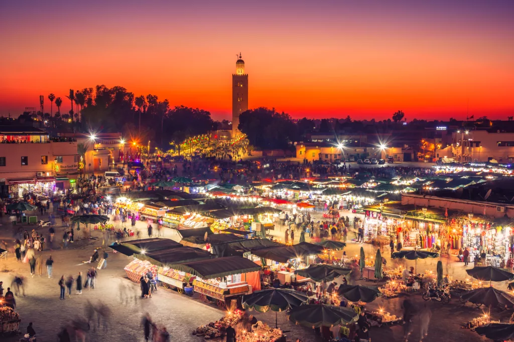 Jamaa el Fna market square with Koutoubia mosque, Marrakesh, Morocco, north Africa