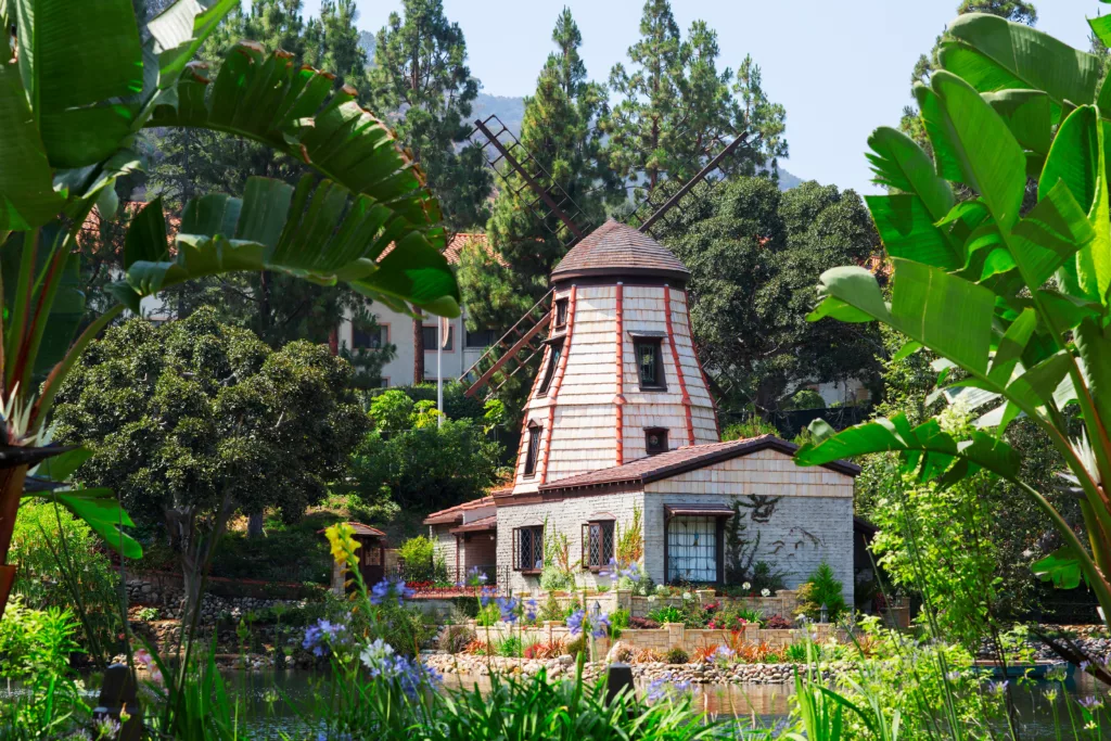 The garden of meditation in Santa Monica, United States. Park of five religions at the lake Shrine, landscape.