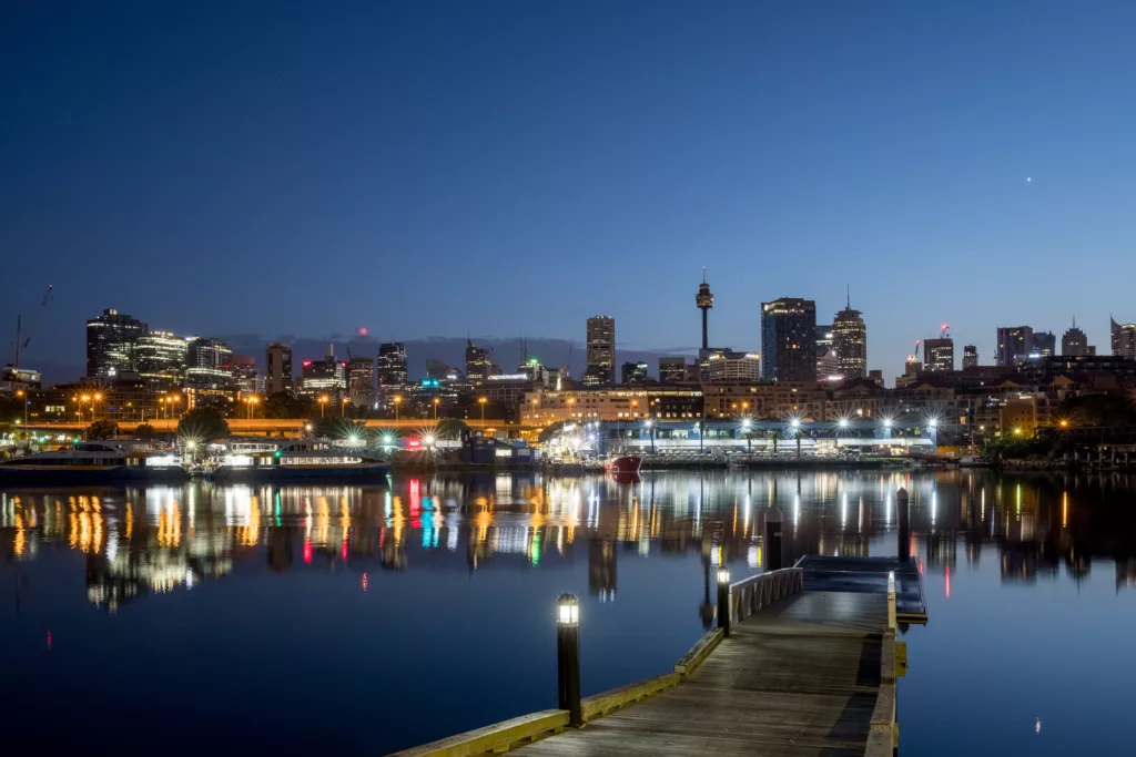 Sydney's Fish Market and city skyline before sunrise