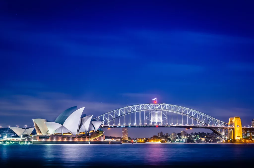 Sydney Opera House and the Sydney Harbour Bridge during twilight, Australia