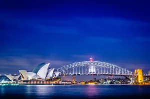 Sydney Opera House and the Sydney Harbour Bridge during twilight, Australia