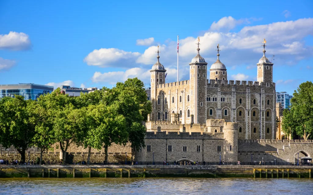 View of the Tower of London, England, from the River Thames.